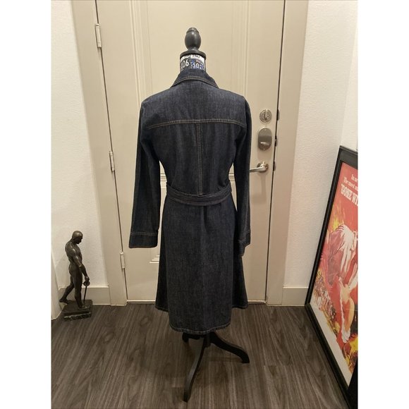Vintage 90s Kitsch Denim Trench Dress M 100% Cotton Half Belted Western Sz Med - Picture 2 of 6